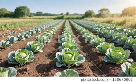 Rows of fresh green cabbage growing on farm field under clear sky in summer, concept of organic agriculture and healthy seasonal vegetables 128670902