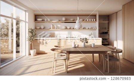 modern minimalist kitchen and dining room interior design 128670983