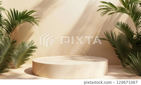 Beige Platform with Tropical Leaves. Beige Platform with Tropical Leaves. 128671067