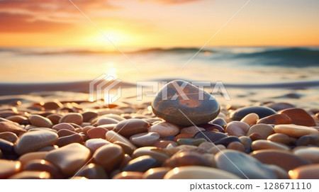 peaceful sunset beach stones 128671110