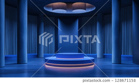 Blue stage with circular podium and curtains. 128671158