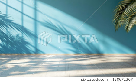 Serene Teal Room with Palm Shadow. Serene Teal Room with Palm Shadow. 128671307