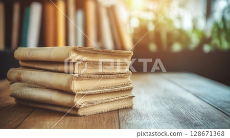 Stack of old books on a wooden table. Stack of old books on a wooden table. 128671368