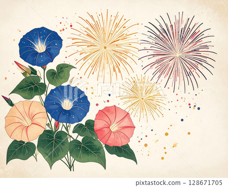 夏日花朵與煙火插畫 128671705