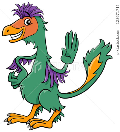 cartoon Caudipteryx or feathered dinosaur character waving its hand 128671715