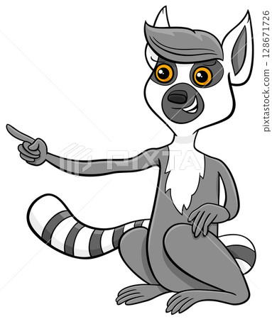 funny cartoon lemur primate animal character pointing something 128671726