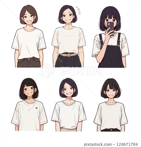 身穿白色 T 恤的日本年輕女子插畫集（微笑、上半身） 128671769