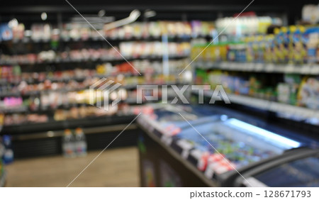 Refrigerators And Stalls With Goods In A Grocery Shop Defocused Stock Photo Refrigerators And Stalls With Goods In A Grocery Shop Defocused Stock Photo 128671793