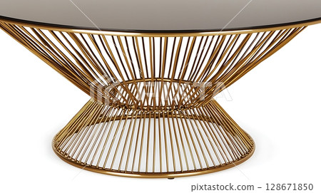 A gold and silver coffee table with a glass top 128671850
