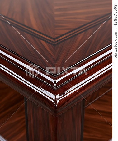 A wooden table with a brown border and a shiny finish 128671908