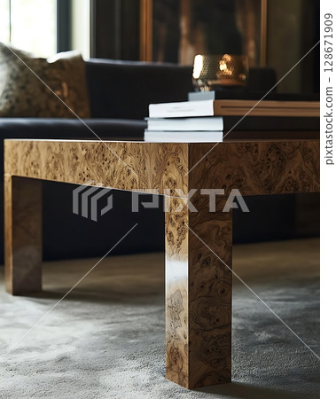 A wooden coffee table with a black couch in the background 128671909