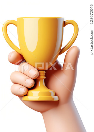 Cartoon 3d hand holding shiny golden trophy cup, victory and achievement symbol isolated Cartoon 3d hand holding shiny golden trophy cup, victory and achievement symbol isolated 128672046