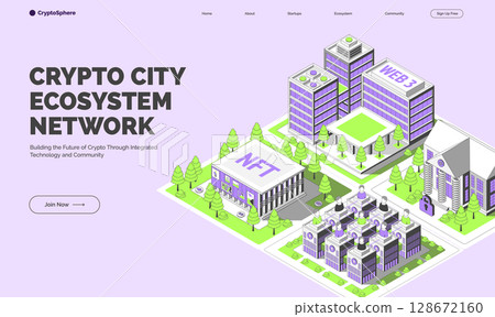 Cartoon Color Ecosystem Network Crypto City Concept Banner Card 3d Isometric View Line Elements. Vector illustration Cartoon Color Ecosystem Network Crypto City Concept Banner Card 3d Isometric View Line Elements. Vector illustration 128672160