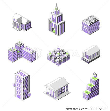 Cartoon Color Diverse Buildings Architecture Crypto City Concept 3d Isometric View Line Elements Isolated on a White Background. Vector illustration Cartoon Color Diverse Buildings Architecture Crypto City Concept 3d Isometric View Line Elements Isolated on a White Background. Vector illustration 128672163
