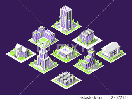 Cartoon Color Smart Contract Hub, Bank, Museum and DEX Building on a Platform Crypto City Concept 3d Isometric View Line Elements. Vector illustration 128672164