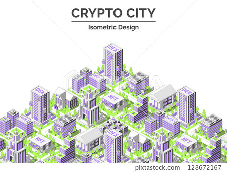 Cartoon Color Crypto City Concept Card Background 3d Isometric View Line Elements. Vector illustration of Urban Quarter 128672167