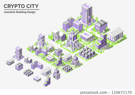 Cartoon Color Building Architecture Composition and Area Landscape Crypto City Concept 3d Isometric View Line Elements. Vector illustration Cartoon Color Building Architecture Composition and Area Landscape Crypto City Concept 3d Isometric View Line Elements. Vector illustration 128672170
