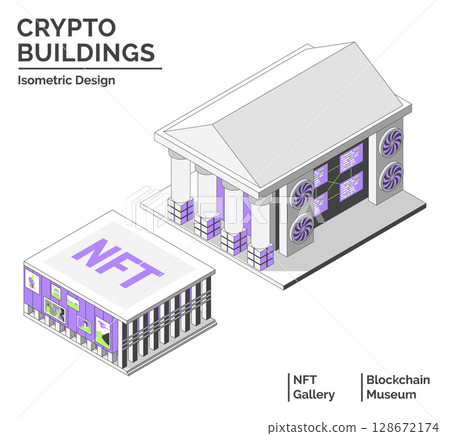 Cartoon Color NFT Gallery and Blockchain Museum Building Crypto City Concept 3d Isometric View Line Elements. Vector illustration 128672174