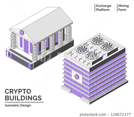 Cartoon Color Virtual Exchange and Mining Farm Building Crypto City Concept 3d Isometric View Line Elements. Vector illustration 128672177
