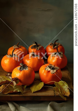 Harvest Time: Persimmons on a Rustic Wooden Board Harvest Time: Persimmons on a Rustic Wooden Board 128672308