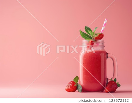 Strawberry Smoothie Bliss: Jar with Mint on Pastel Pink 128672312