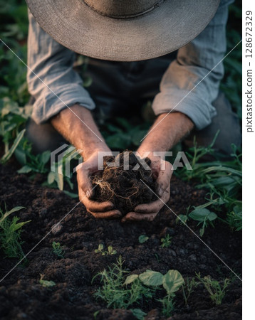Regenerative farmer kneeling with healthy soil in hands, highlighting sustainable agriculture, nature connection, and earth stewardship 128672329