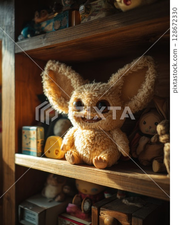 Fluffy asian monster toy with oversized ears on wooden shelf, perfect for collectors, vintage toy lovers, and nostalgic character decor 128672330