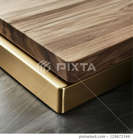 A wooden table with a gold frame sits on a dark wood floor 128672349
