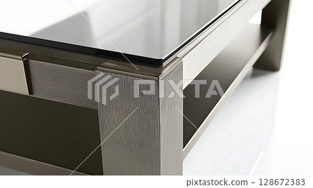 A glass coffee table with a wooden base A glass coffee table with a wooden base 128672383