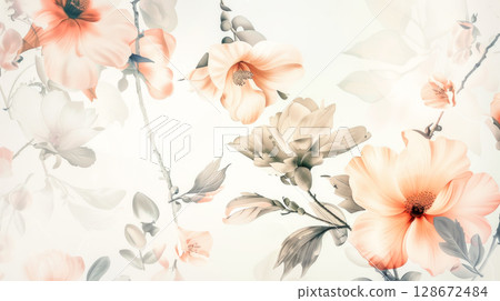 Flower backdrop. Soft, vintage-style floral design with peach and gray flowers on light background, creating timeless, elegant aesthetic. Perfect for invitations, wallpapers, and feminine decor themes 128672484