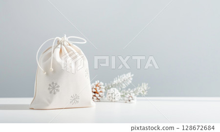 Fabric gift bag with snowflake prints, paired with frosted pinecones, promoting sustainable and eco-friendly Christmas gifts. Concept of green Christmas, handmade presents, and mindful holidays 128672684