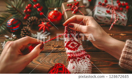 Female hands knitting Christmas stocking among festive decorations and gifts. Concept of sustainable Christmas, mindful consumption, and creating unique handmade gifts 128672685