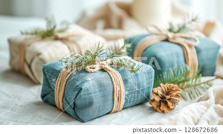 Beautifully wrapped gifts in fabric with pine sprigs, emphasizing sustainable and eco-friendly holiday practices. Concept of green Christmas, handmade gifts, and environmentally conscious celebrations 128672686