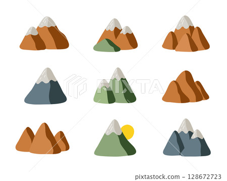 Set of 9 colorful mountain illustrations. Modern flat vector design with natural shapes and snow peaks. Perfect for eco branding, travel prints, packaging, stickers, and outdoor design projects 128672723