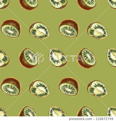 Sliced halves of ripe kiwi fruit with brown skin, bright green flesh, seeds. Watercolor seamless pattern on green background for design of jam, preserve, drinks, food, baby and kitchen textiles Sliced halves of ripe kiwi fruit with brown skin, bright green flesh, seeds. Watercolor seamless pattern on green background for design of jam, preserve, drinks, food, baby and kitchen textiles 128672749