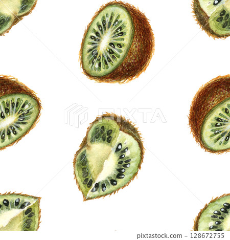 Sliced halves of ripe kiwi fruit with brown skin, bright green flesh, seeds. Watercolor seamless pattern on white background for design of jam, preserve, drinks, food, baby and kitchen textiles 128672755