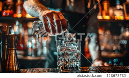 Skilled bartender in uniform carefully pours crafted cocktail into glass, close-up of liquid stream with bar counter background 128672783