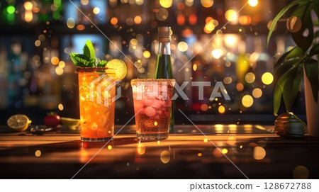 Chilled lemon and grapefruit cocktails with crushed ice arranged on a wooden bar, horizontal banner showcasing daiquiris and spritzes decorated with mint leaves and citrus zest Chilled lemon and grapefruit cocktails with crushed ice arranged on a wooden bar, horizontal banner showcasing daiquiris and spritzes decorated with mint leaves and citrus zest 128672788