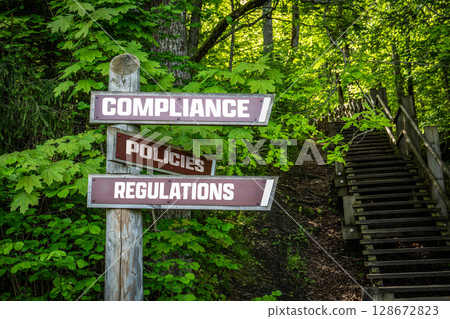 Compliance, Policies, and Regulations Concept Signpost in Forest Environment 128672823