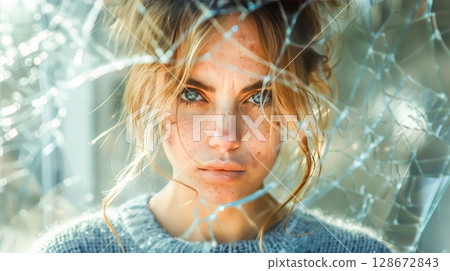 Young woman with somber expression, framed by shattered glass, symbolizing emotional fragility and mental struggle. Concept of depression, inner turmoil, and the fragility of the human spirit Young woman with somber expression, framed by shattered glass, symbolizing emotional fragility and mental struggle. Concept of depression, inner turmoil, and the fragility of the human spirit 128672843