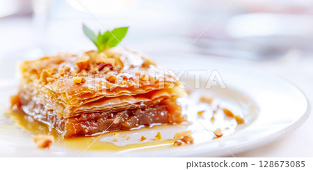 Slice of homemade baklava topped with mint leaf and crushed nuts, served on white plate, showcasing warm, authentic flavors of local restaurant specializing in traditional cuisine and home cooking Slice of homemade baklava topped with mint leaf and crushed nuts, served on white plate, showcasing warm, authentic flavors of local restaurant specializing in traditional cuisine and home cooking 128673085