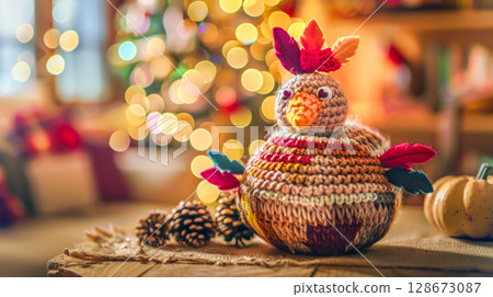 Handmade crocheted turkey decoration on table with festive Thanksgiving decor, emphasizing sustainable and eco-friendly holidays. Concept of green Thanksgiving, handmade crafts, and holiday creativity Handmade crocheted turkey decoration on table with festive Thanksgiving decor, emphasizing sustainable and eco-friendly holidays. Concept of green Thanksgiving, handmade crafts, and holiday creativity 128673087