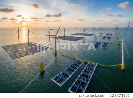 Renewable hub features solar, wind, and wave energy units in harmonious panorama 128673101
