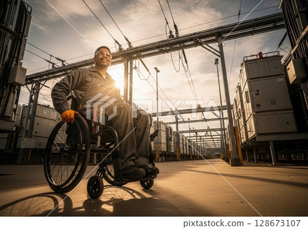 Confident technician working at battery farm in low-angle shot during sunrise 128673107