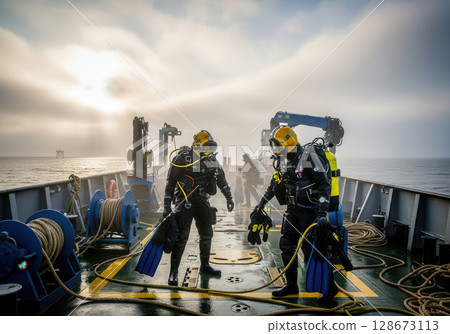 Deck divers prepare for underwater work on a turbine service vessel in the morning light Deck divers prepare for underwater work on a turbine service vessel in the morning light 128673113