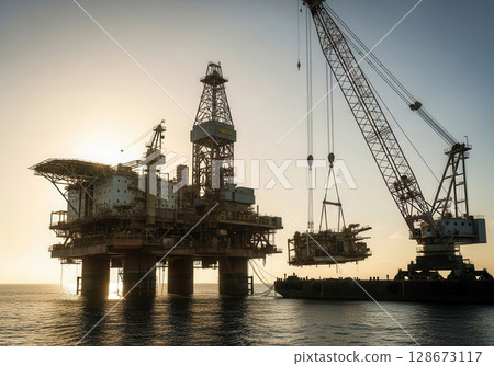 Dismantling offshore rig under golden sunset with crane shadows extending over water 128673117