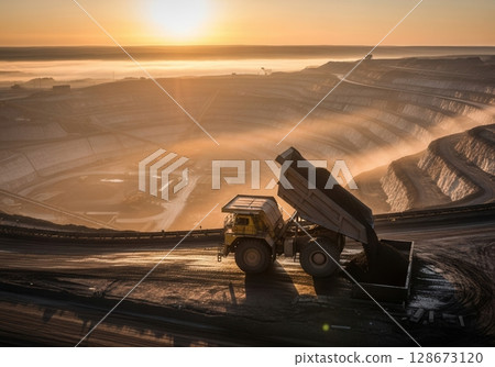 Dawn breaks over oil sands site as haul truck dumps bitumen amidst surreal fog and vast excavation 128673120