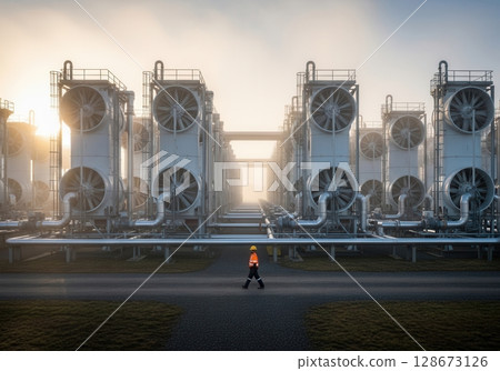 Giant cooling fans in air capture yard with worker walking along misty central path Giant cooling fans in air capture yard with worker walking along misty central path 128673126