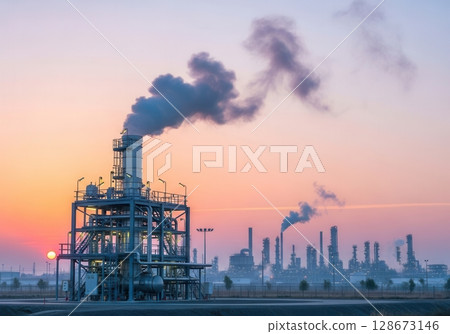 Flaring reduction unit with NOx scrubber during pastel dawn above distant refinery Flaring reduction unit with NOx scrubber during pastel dawn above distant refinery 128673146