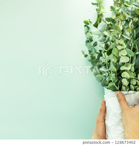 Woman's hands hold a bouquet with eucalyptus branches on blue background. Eco friendly holiday card with eucalypt bouquet. Floristic background. Flat lay, copy space Woman's hands hold a bouquet with eucalyptus branches on blue background. Eco friendly holiday card with eucalypt bouquet. Floristic background. Flat lay, copy space 128673402